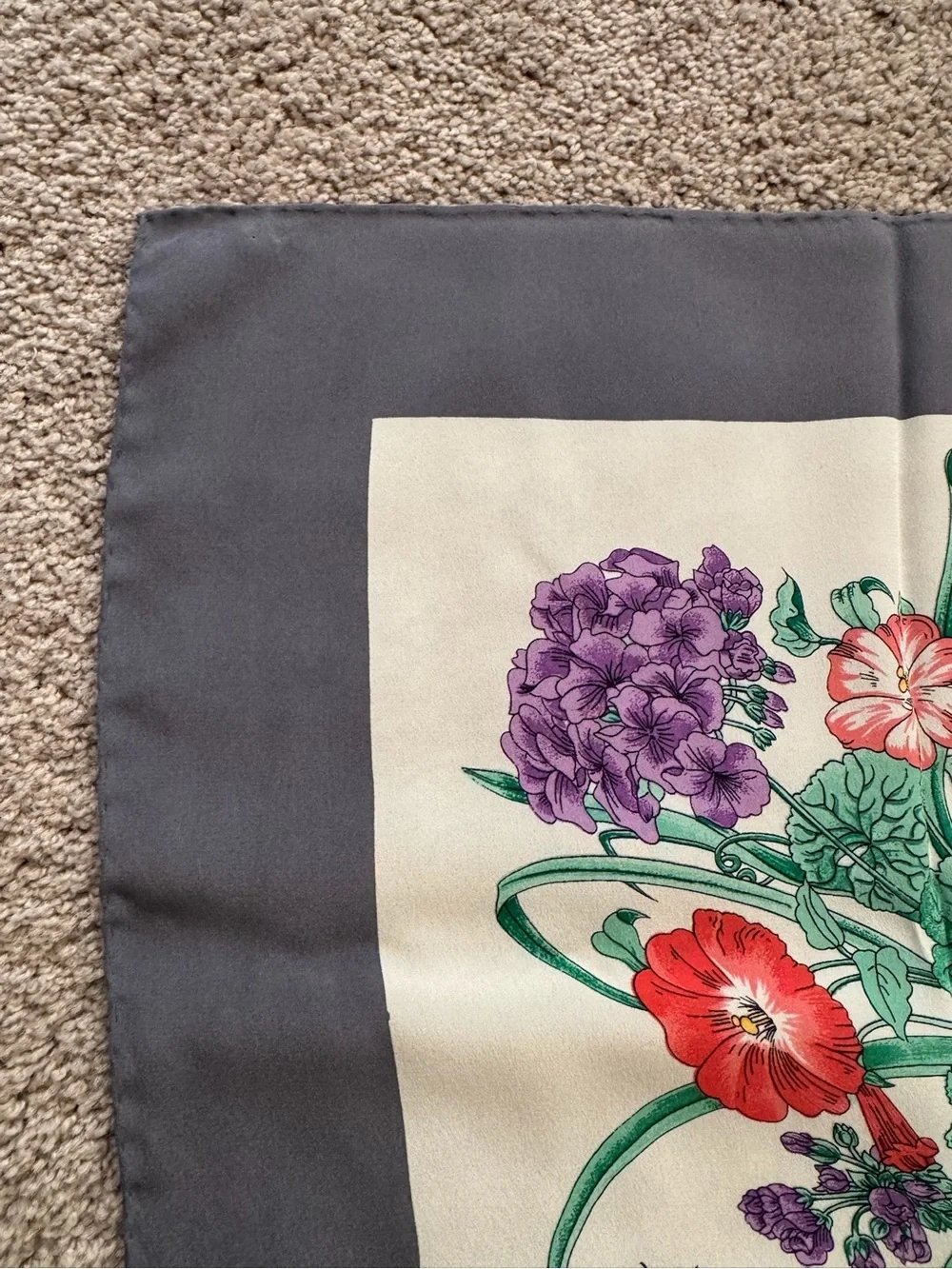 Vintage Gucci Floral Silk Scarf with Navy Border